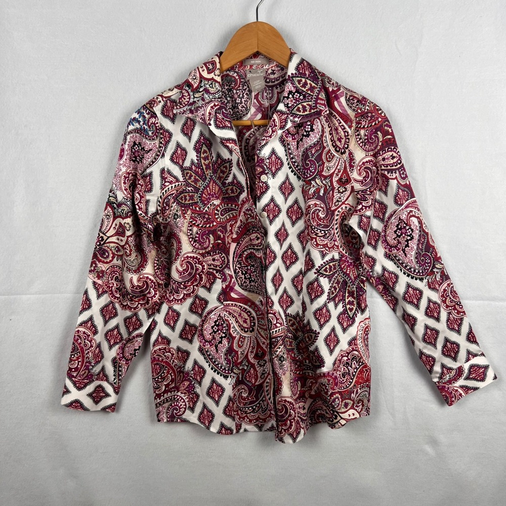 Chicos Womens No-Iron Sateen Mix Print Wing Collar Shirt Cotton Paisley 00P NWOT